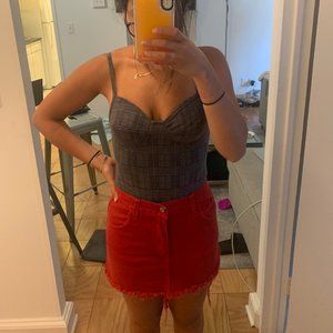 Charcoal and Red Plaid Bustier Bodysuit